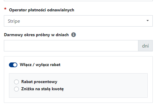 Opcje przy wyborze Stripe jako operatora płatności