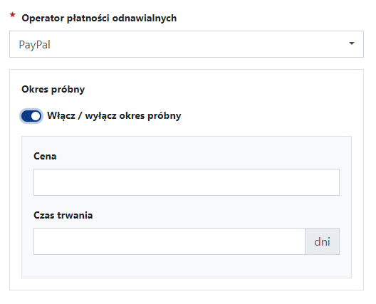 Opcje przy wyborze PayPal jako operatora płatności