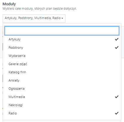 Moduły, których będzie dotyczył plan subskrypcji Paywall