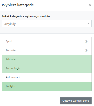 Wybór kategorii, których będzie dotyczył plan subskrypcji