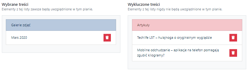 Lista wybranych i wykluczonych treści