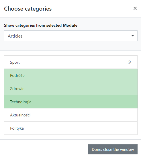 Selecting Categories Covered by the Subscription Plan