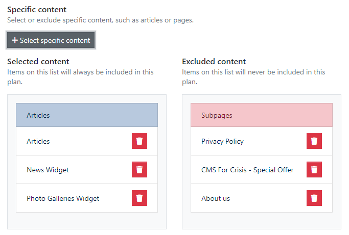 Lists of Selected and Excluded Content