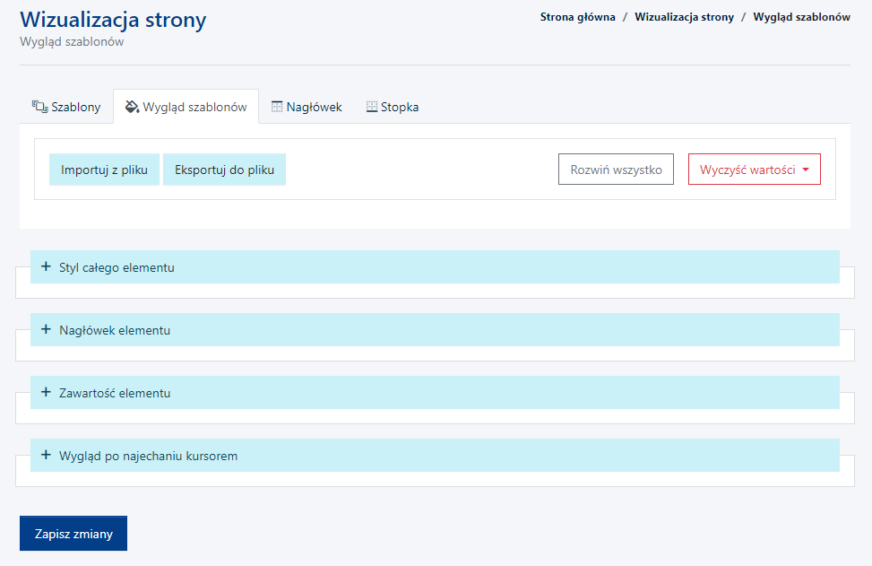 Ustawienia dot. wyglądu szablonów w module Wizualizacja strony.